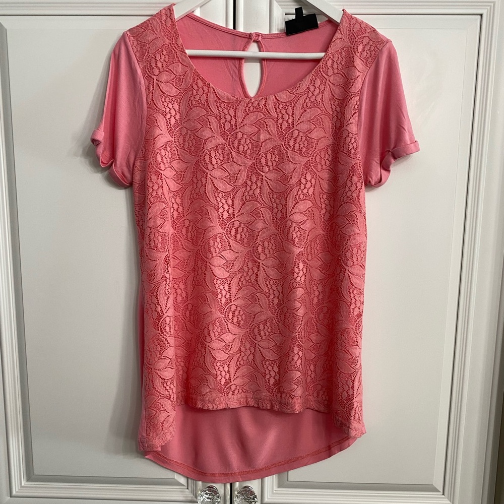 Warehouse Size 10 (UK14) Pink Short Sleeve Scoop Neck Lace Front Knit Back Lined